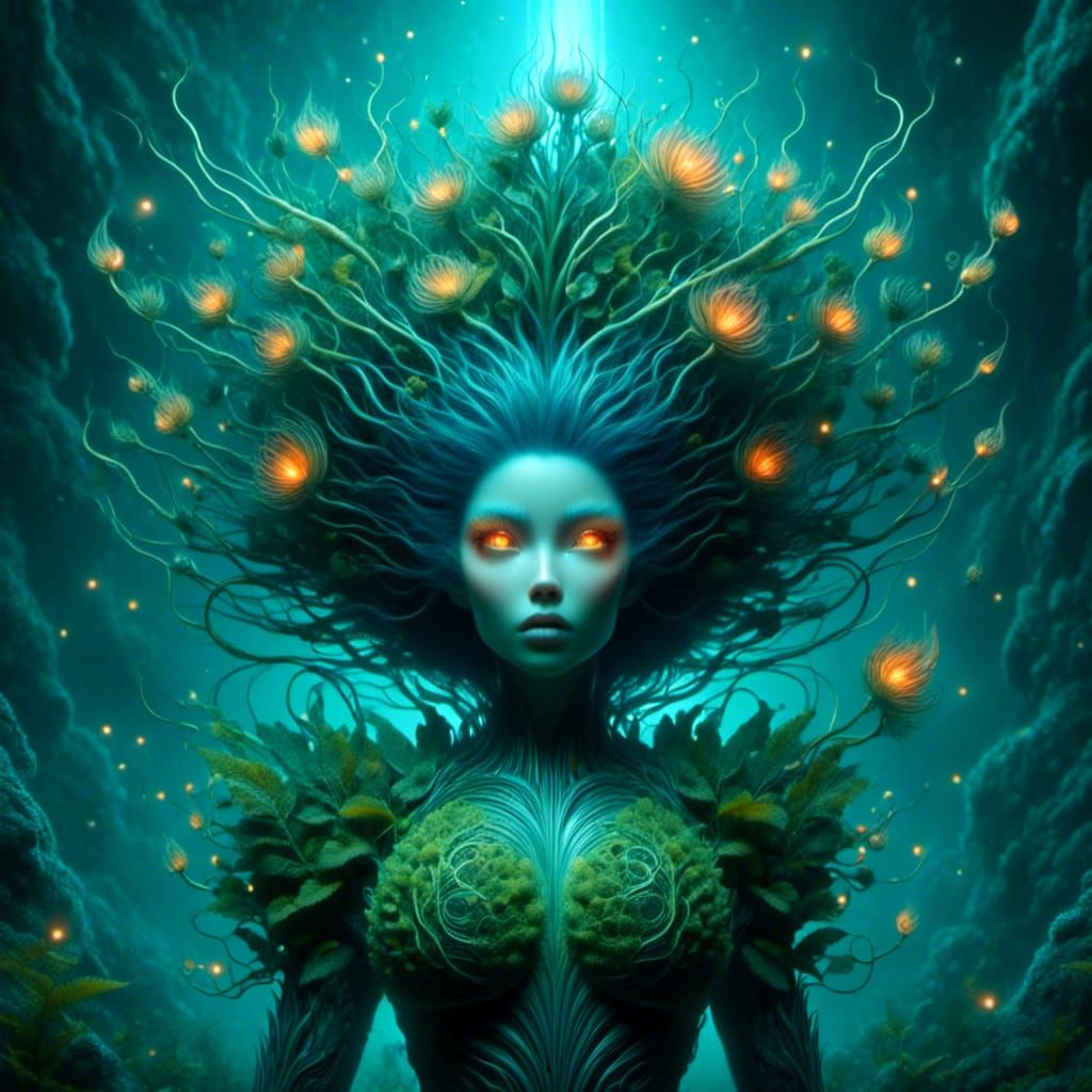 Fairy Merging with Biomechanical Fern in Forest