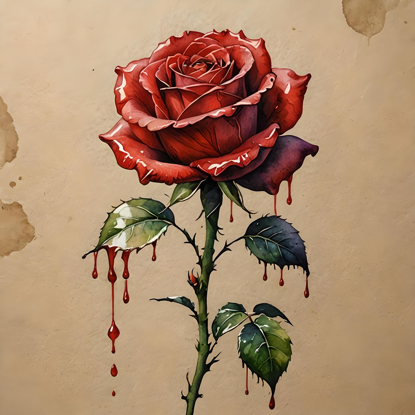 Dripping Red Rose in Parchment Watercolor