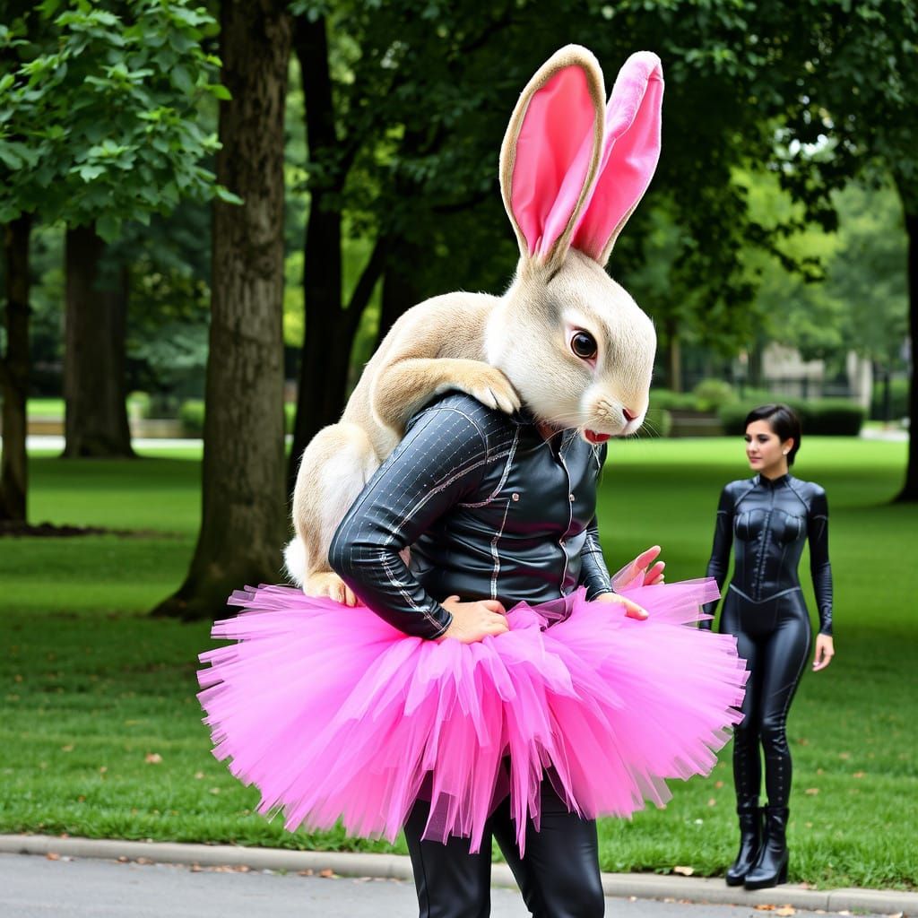 A Giant Rabbit and Man in Pink Tutu Stroll Through a Park