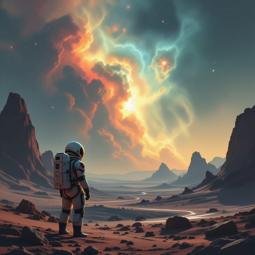 Astronaut on Alien Planet Gazes at Bioluminescent Nebula