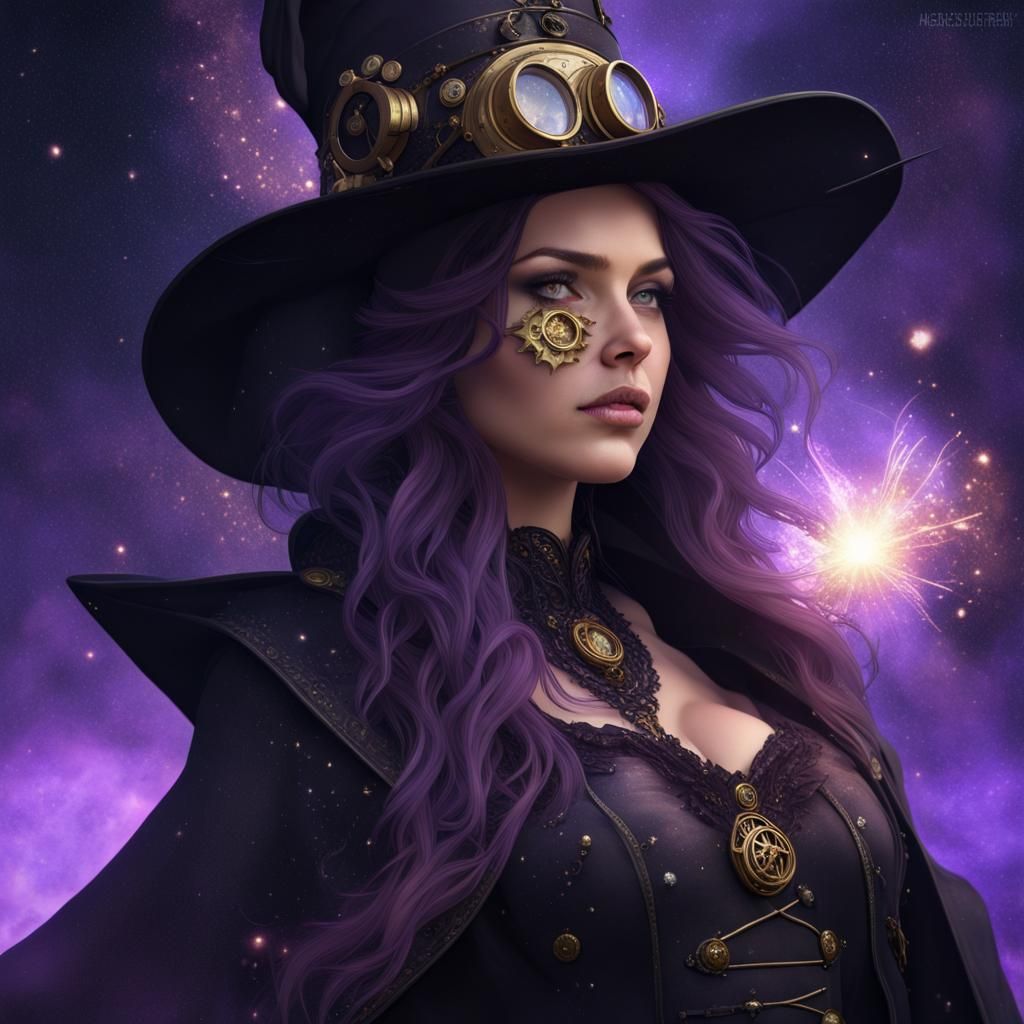 Steampunk Witch Portrait with Exploding Stars