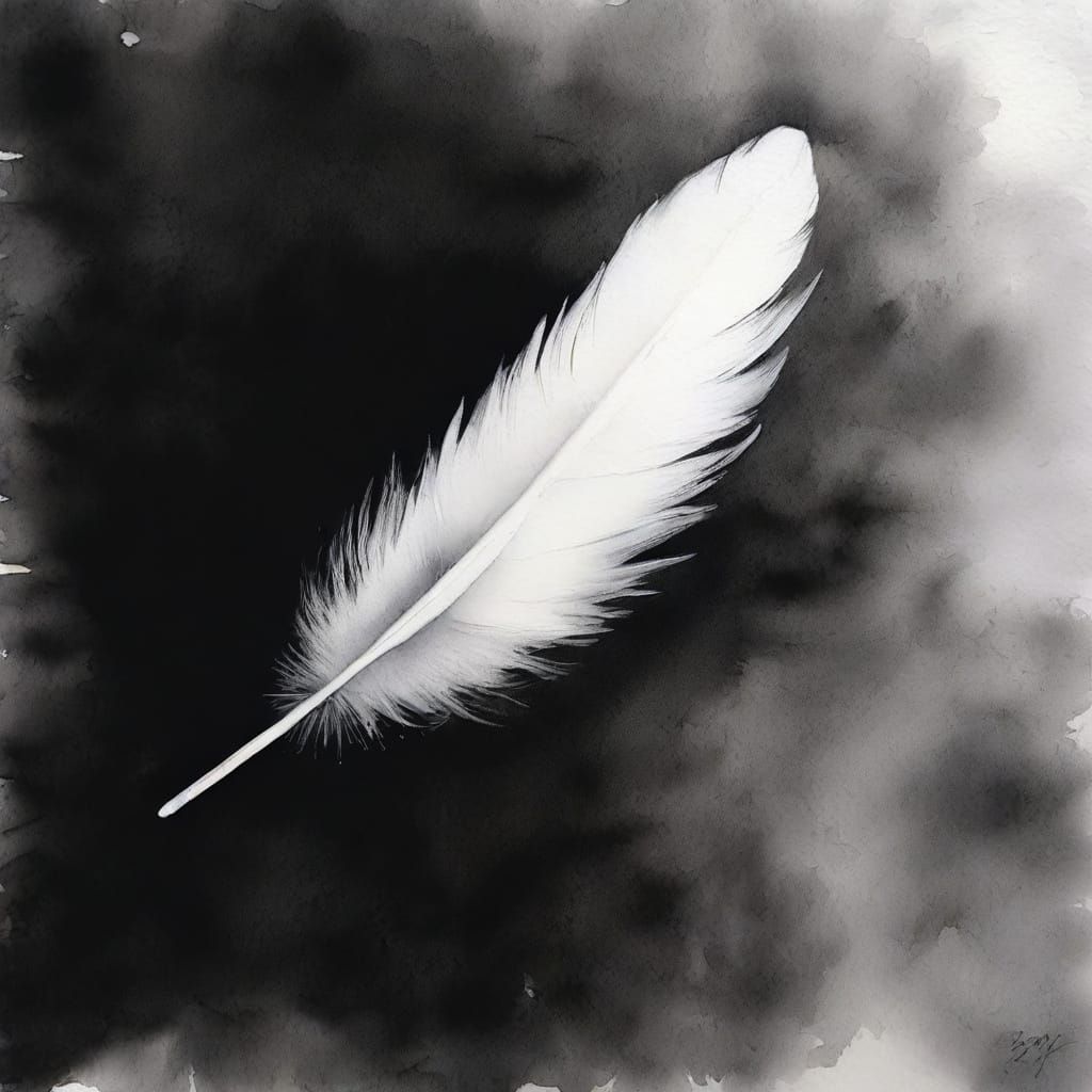 Delicate Feather on Black Surface in Watercolour