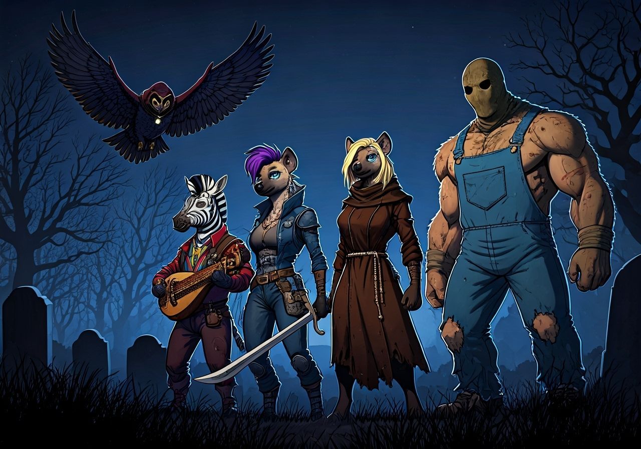 Fantasy Graveyard Party: Owl, Zebra Bard, Hyena Rogue, Brute
