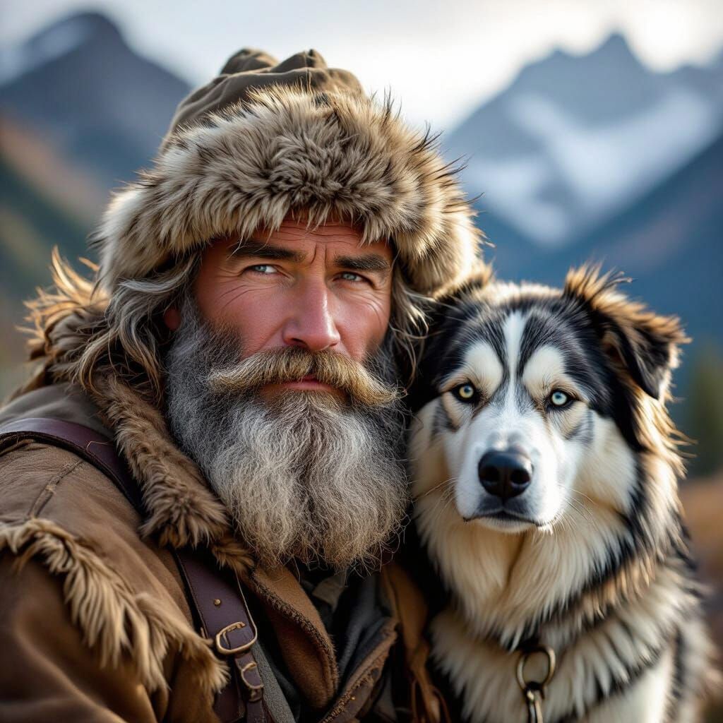 Rugged Mountain Man and Dog Portrait, Photorealistic Style