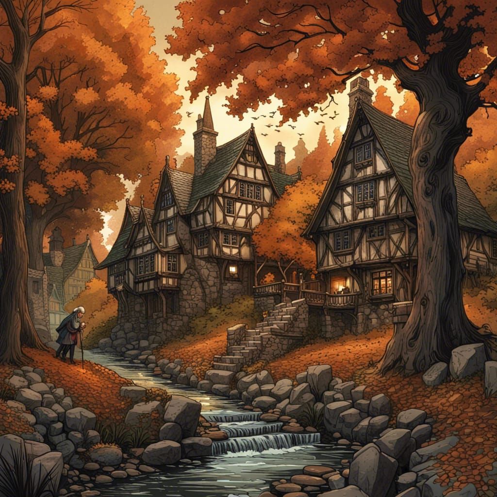 Dark Gothic Village in Autumnal Forest