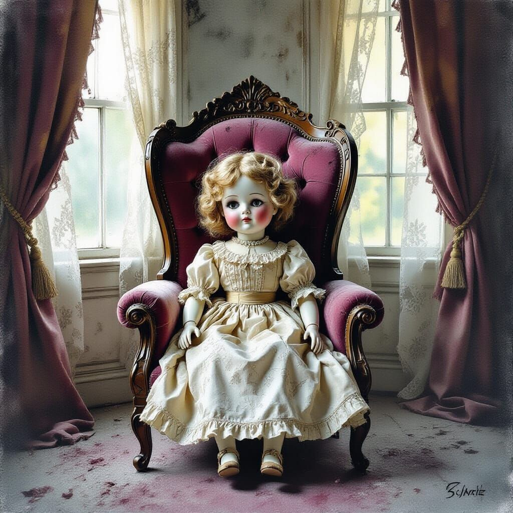 Antique Doll on Throne in Eerie Ballroom