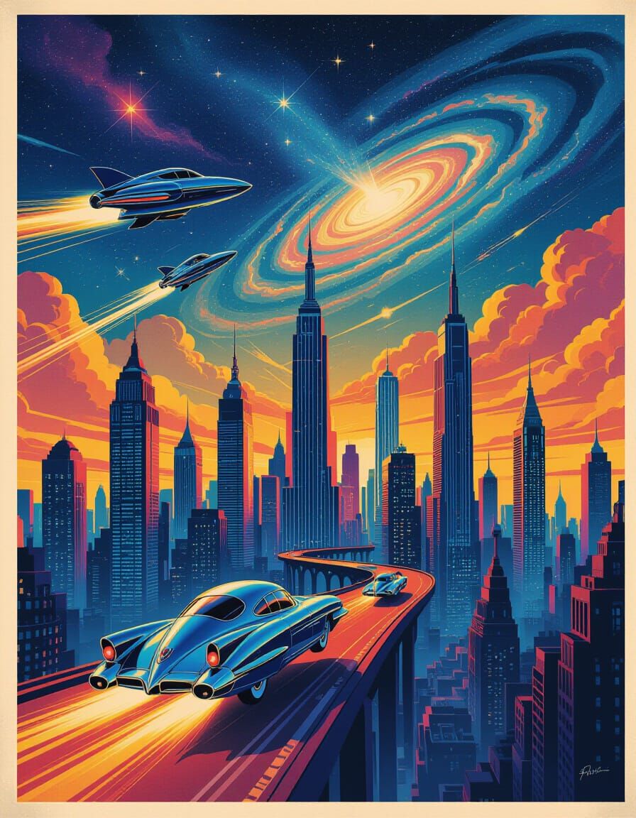 Retro-Futuristic City Travel Poster in 1950s Lithograph Styl...