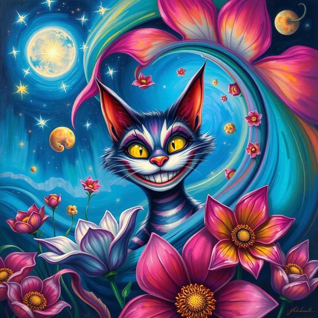 Whimsical Cheshire Cat in Surrealist Dreamscape