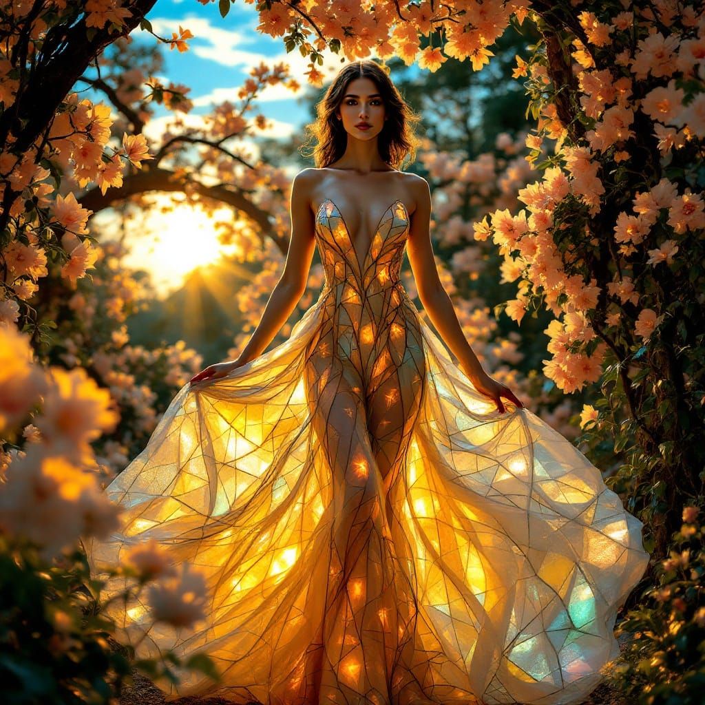 Glowing Stained-Glass Goddess in Floral Paradise