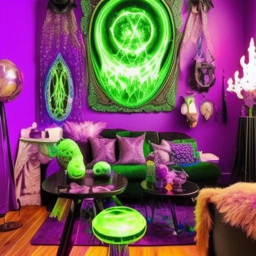 Psychedelic Witch living room with black lights& glow-in-the-dark wicked posters& amethyst clusters everywhere& witchy p...