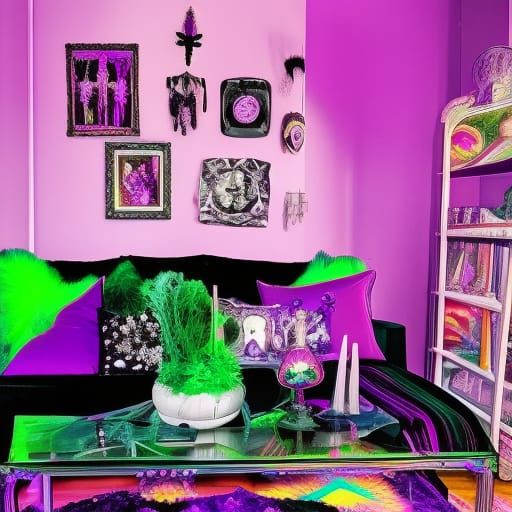 Psychedelic Witch living room with black lights& glow-in-the-dark wicked posters& amethyst clusters everywhere& witchy p...