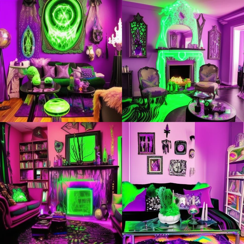 Psychedelic Witch living room with black lights& glow-in-the-dark wicked posters& amethyst clusters everywhere& witchy p...