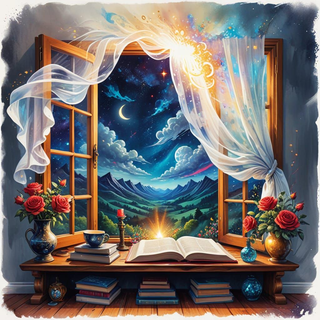 Dreamy Valley Night Scene with Blooming Flowers and Full Moo...