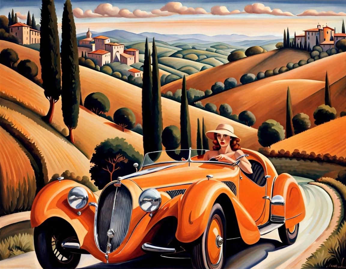 Woman Driving Orange Bugatti in Toscana, Art Deco
