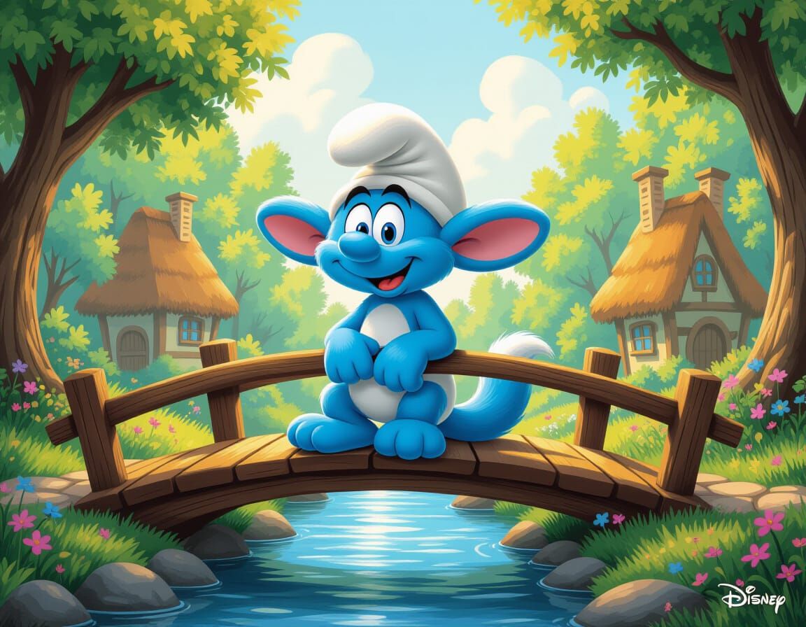 portrait of a blue Smurf inspired long eared Dog with fluffy tail in a Smurf village sitting on a bridge. Forest, daytim...