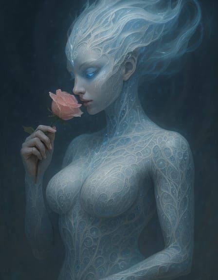 Ethereal Humanoid Figure with Rose in Digital Art