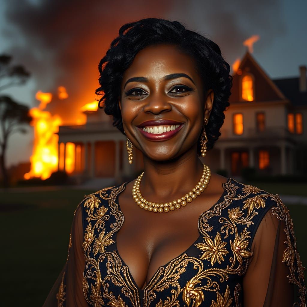 Smiling Woman Amidst Burning Louisiana Mansion