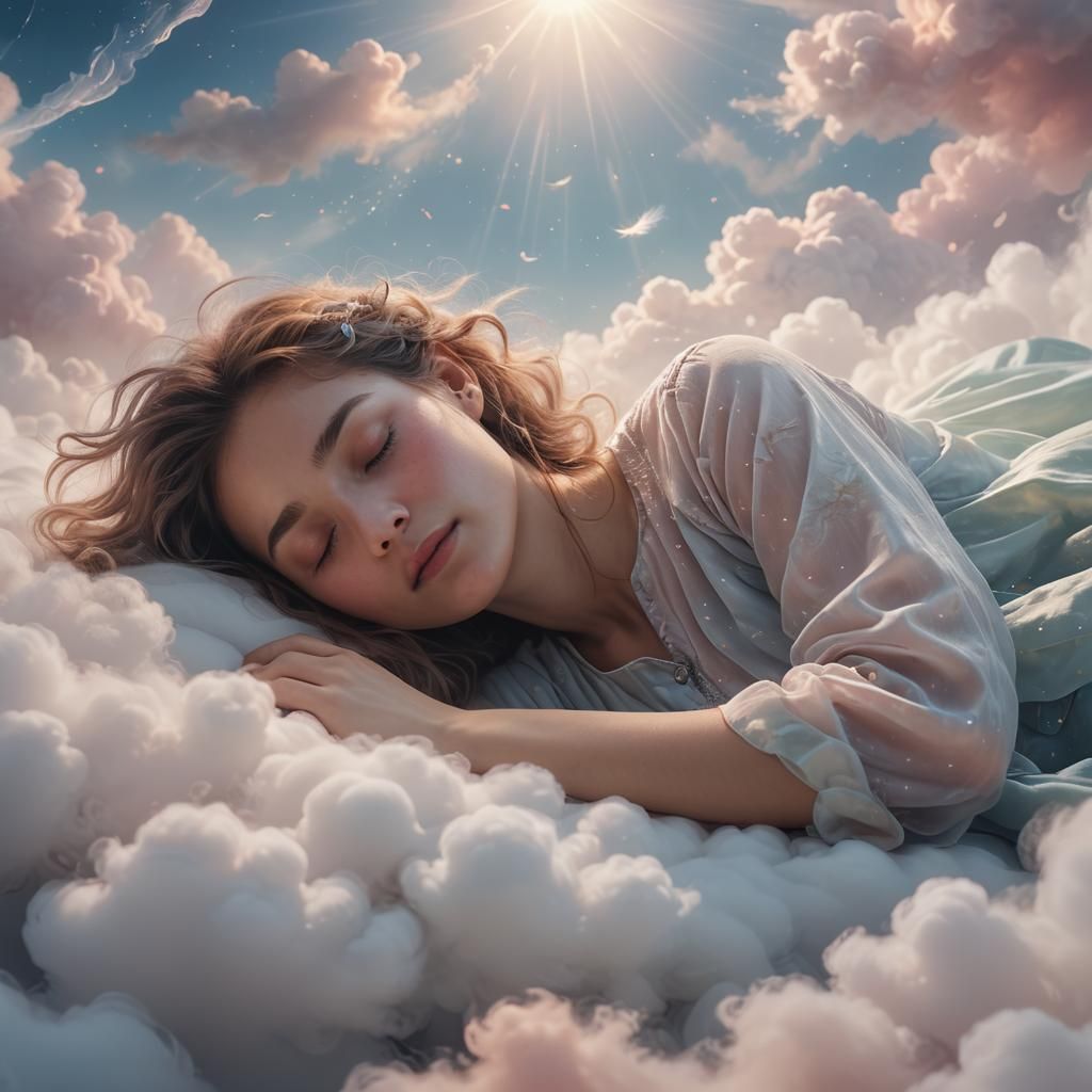 Dreamy Woman Sleeping on Cloud in Surreal Fantasy Art