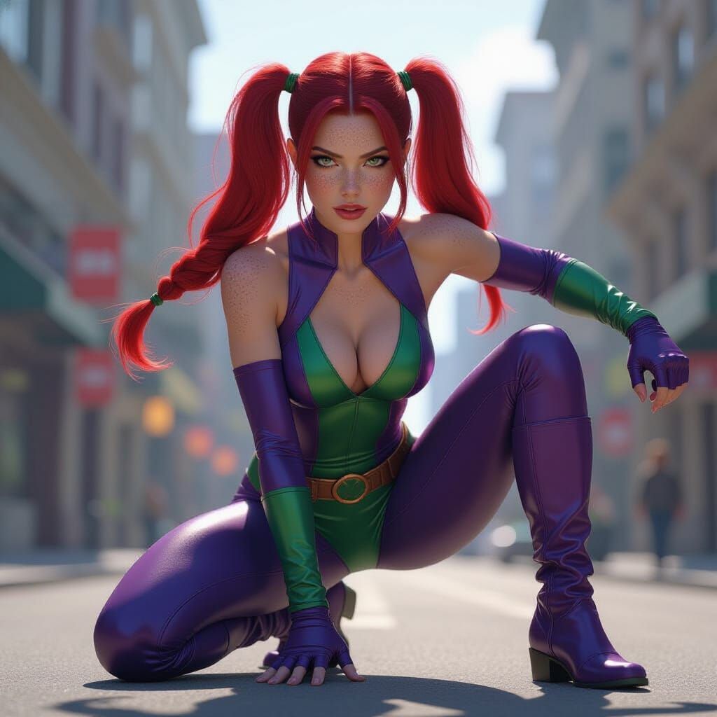 Superheroine in Purple and Green Costume