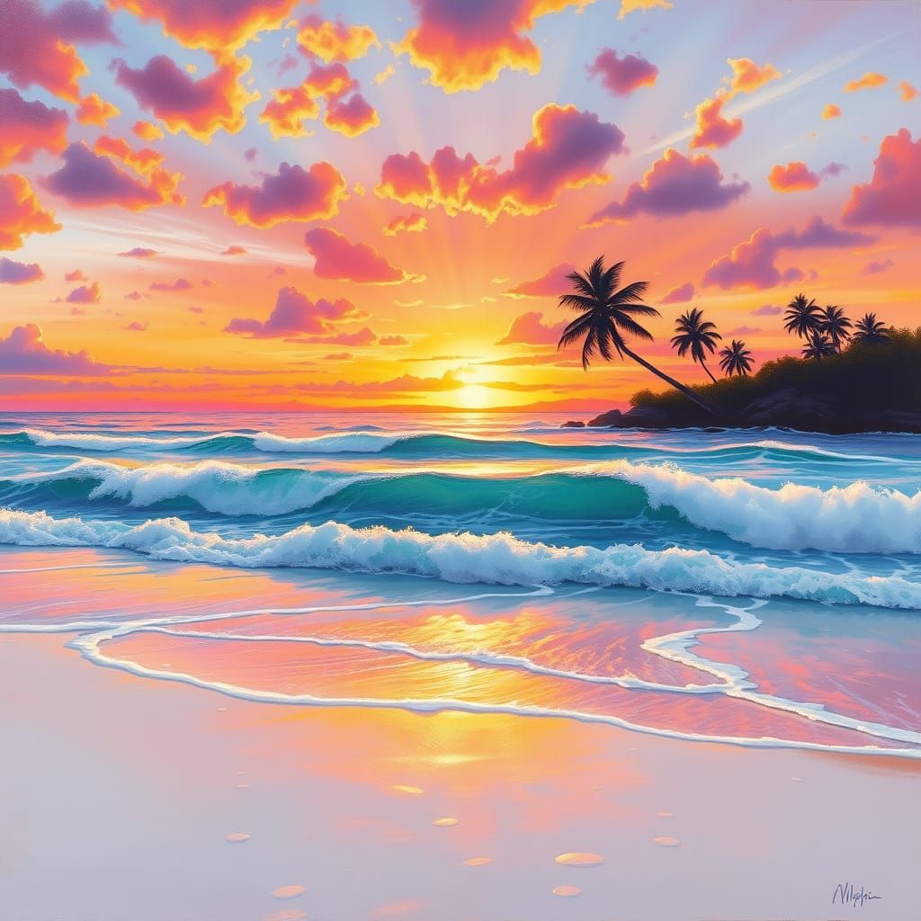 Serene Sunset Beach with Turquoise Waves