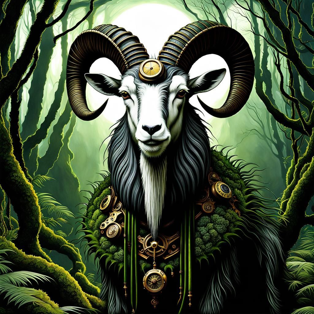 Steampunk Druid Goat in Mossy Forest Digital Art
