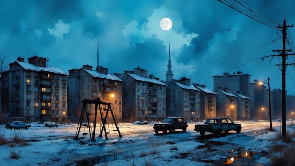 Soviet Winter Night: Concrete Cityscape in Painterly Style