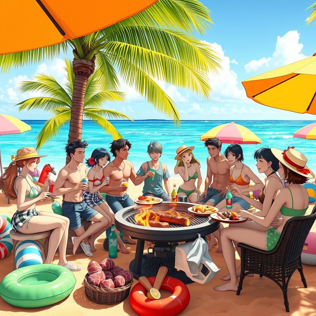 Vibrant Beach Party in 3D Anime Style