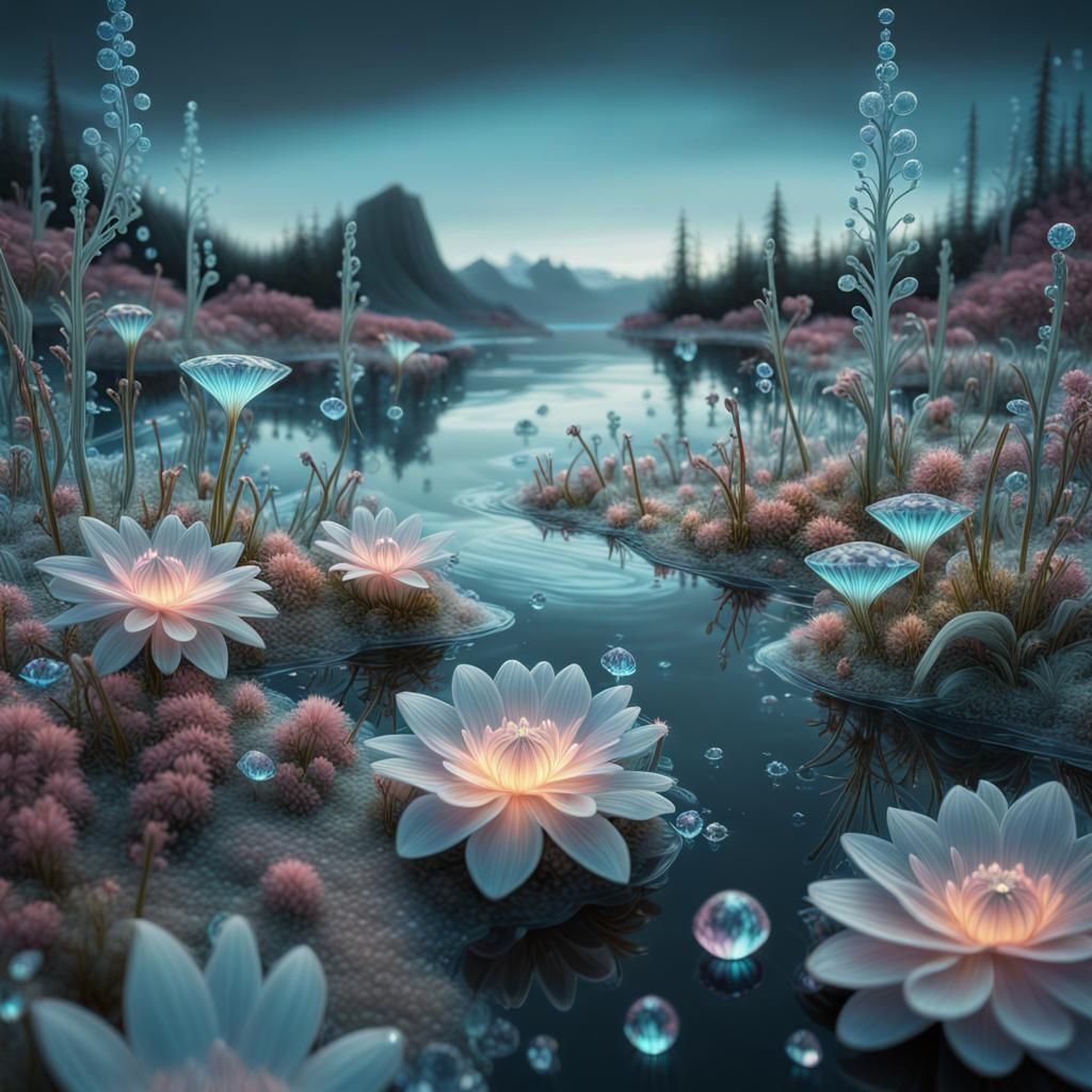 Bioluminescent Scandinavian Landscape with Diamond Water Dro...