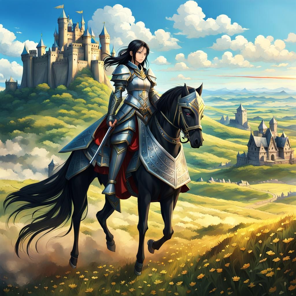 Armored Anime Knight on Hill with Castle