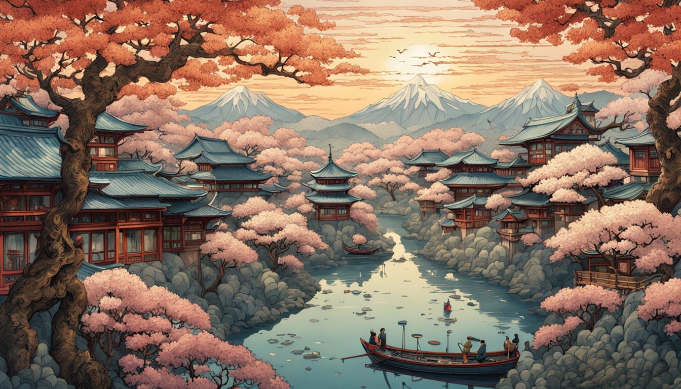 Breathtaking Origami Japanese Landscape with Blossom Trees