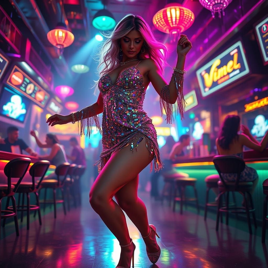 Glamorous Woman Dances in a Vibrant Bar Scene