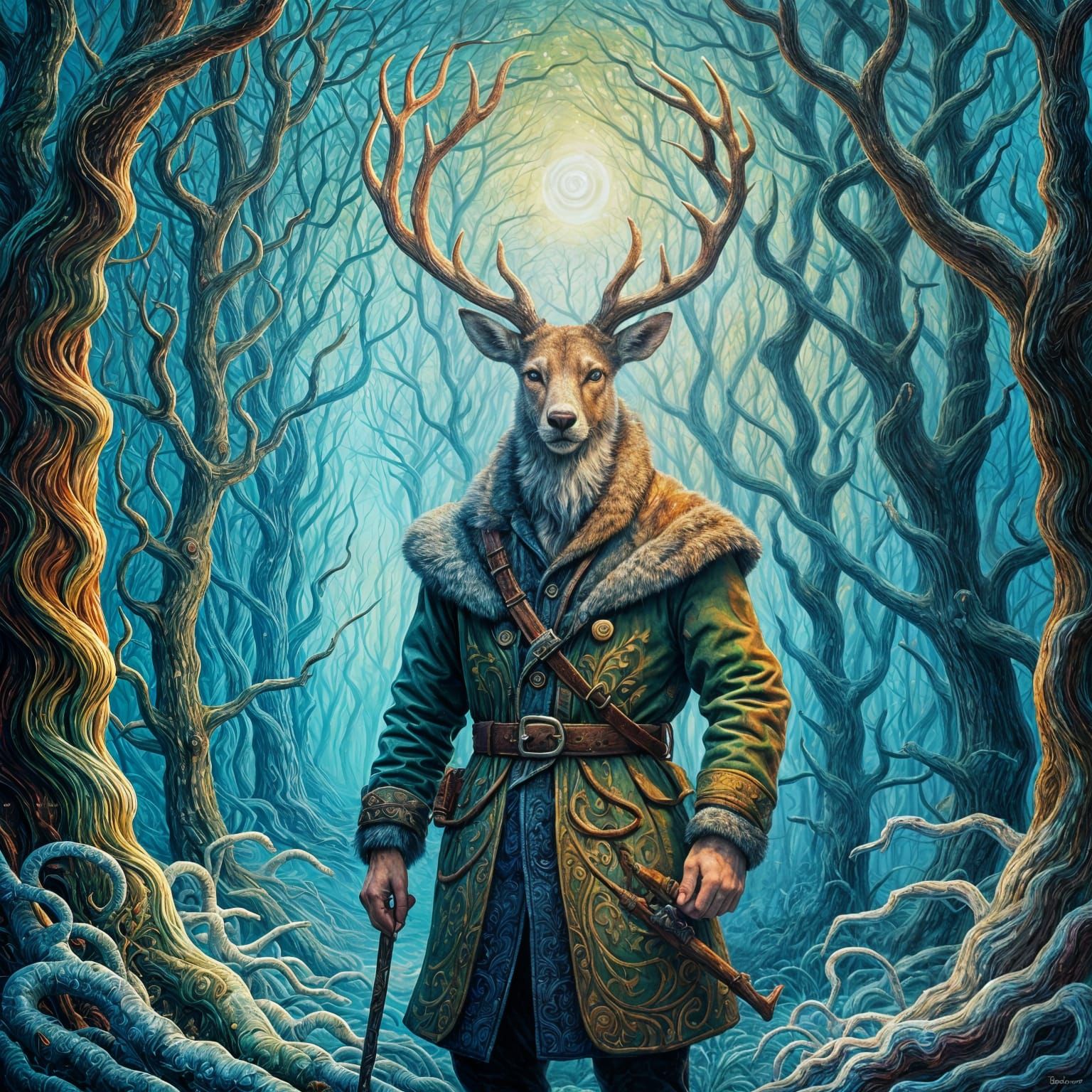 Enchanted Forest Creature with Twisted Antlers, Digital Art