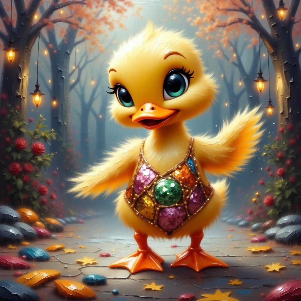 Disco Duckling's Surreal Dance in Dreamlike Landscape