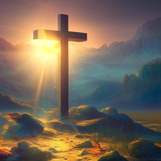Sunrise Cross: Detailed Matte Painting in Deep Color