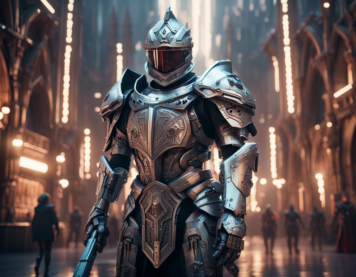 Medieval sci-fi city portrait with knight