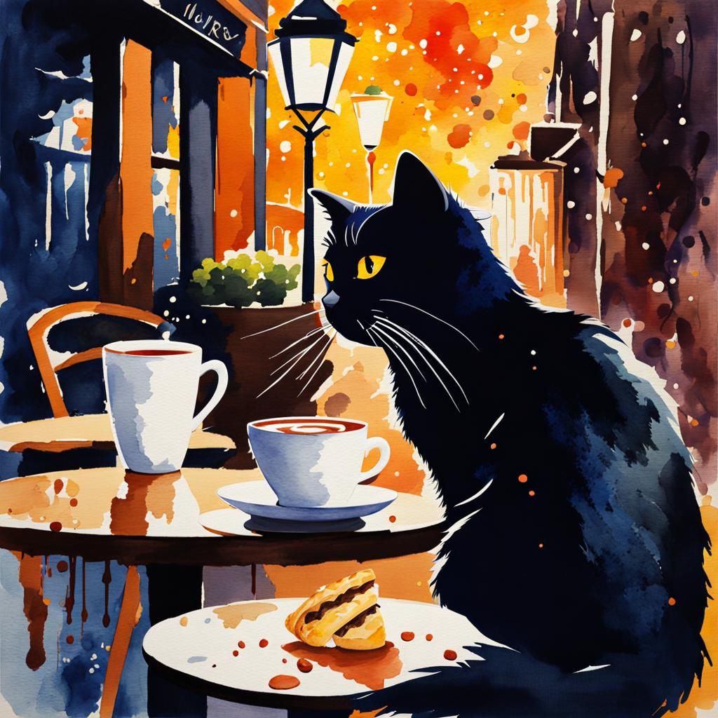 Night Cafe Watercolor with Cat and Musical Notes