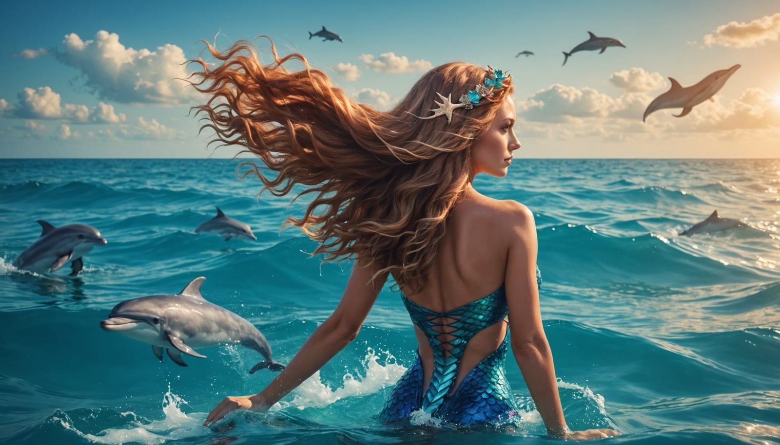 Mermaid Swimming with Dolphins and Fairy