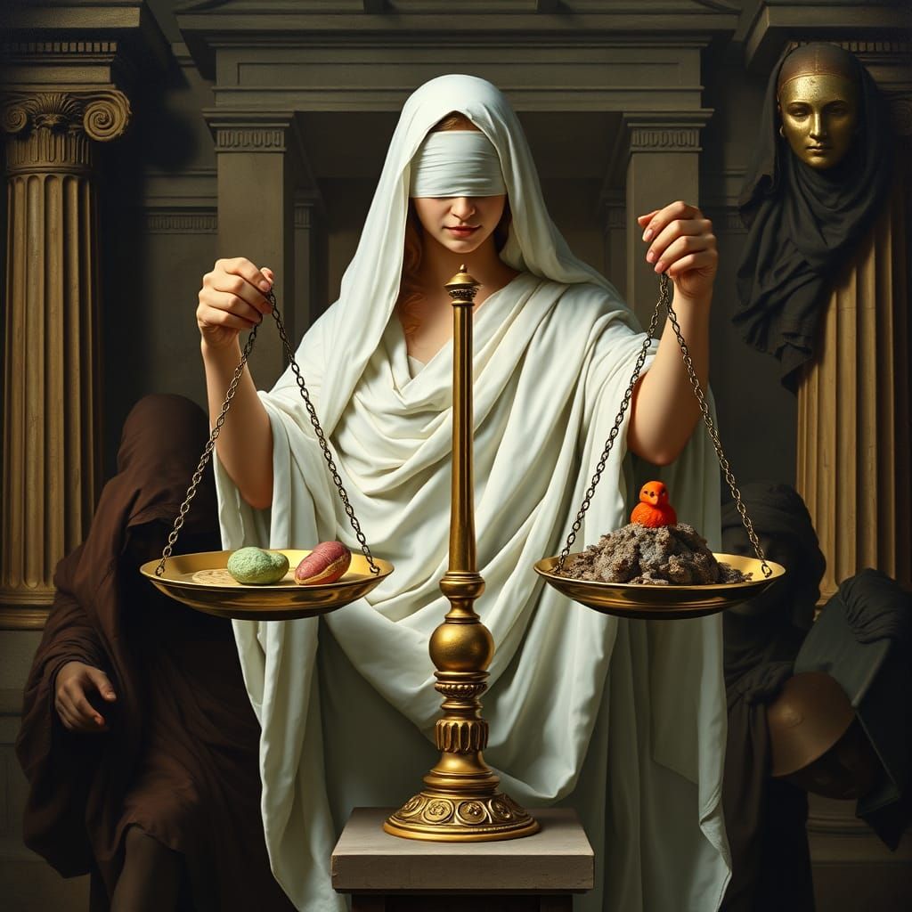 Classic Greek Allegory with Scales and Gifts