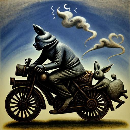 Rabbits Ride South in Expressionist Dreamscape