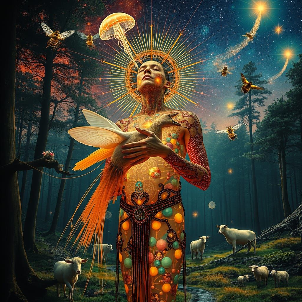 Mystical Shaman in Forest Trance, Bio-Art Collage