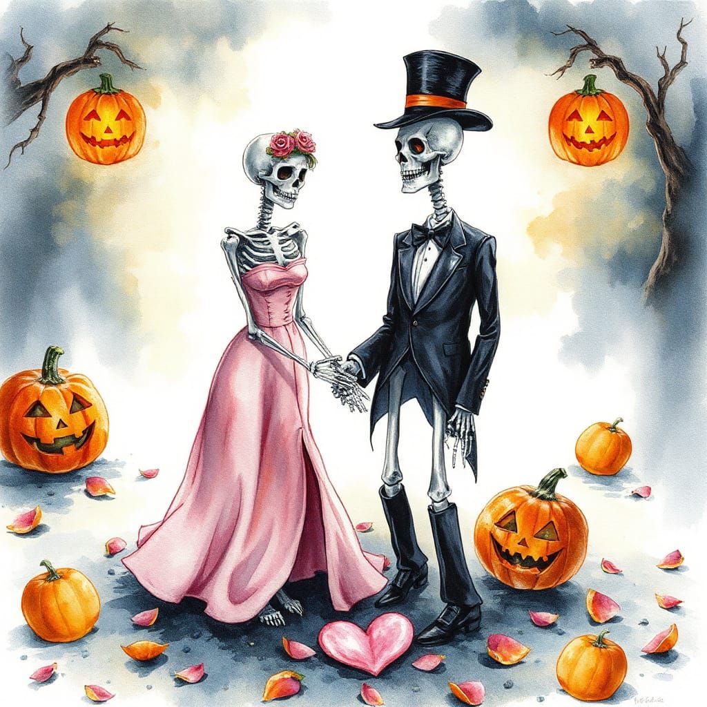 Skeleton Couple's Tender Embrace in Watercolor