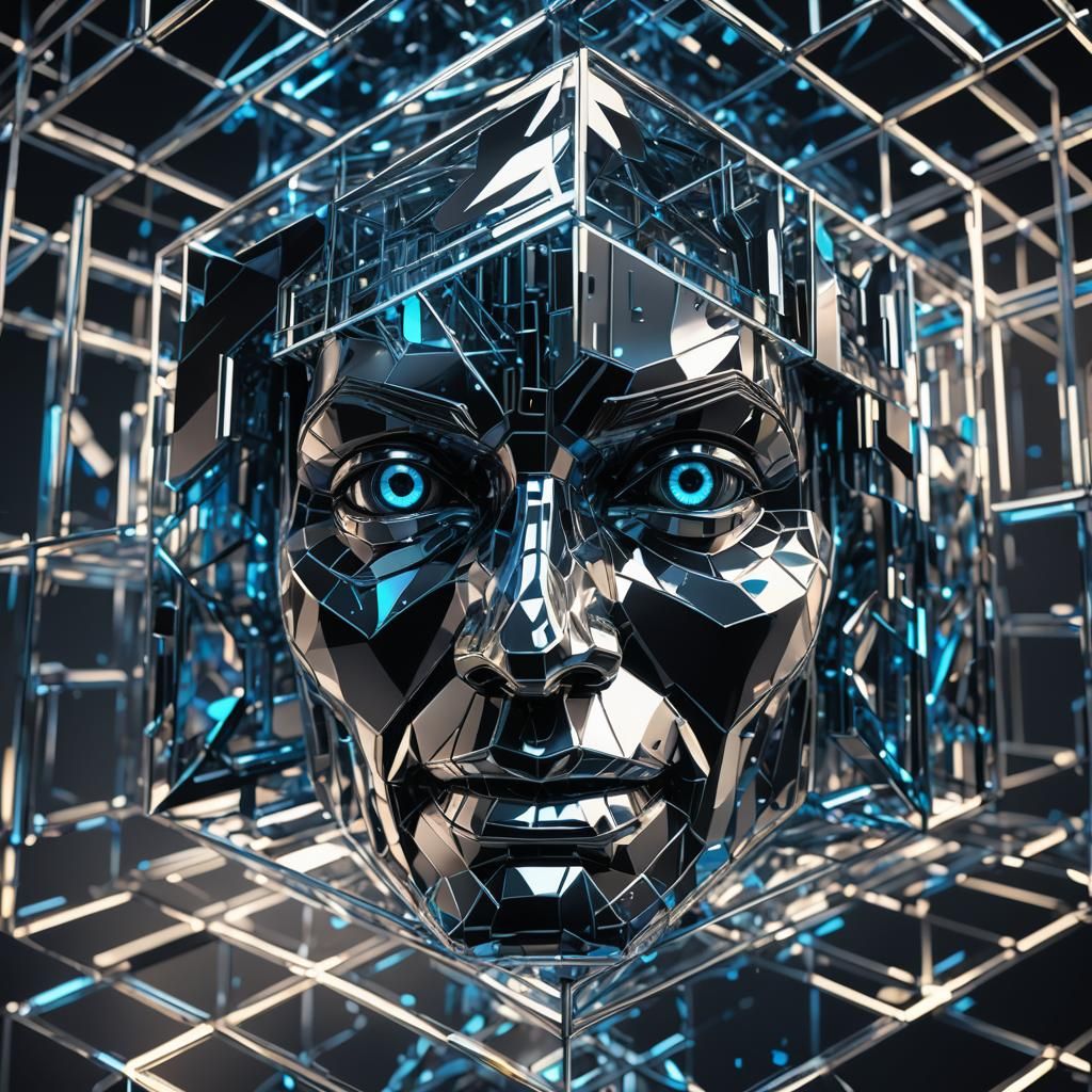 Faceted Futuristic Face in a Dissected Tesseract Cube