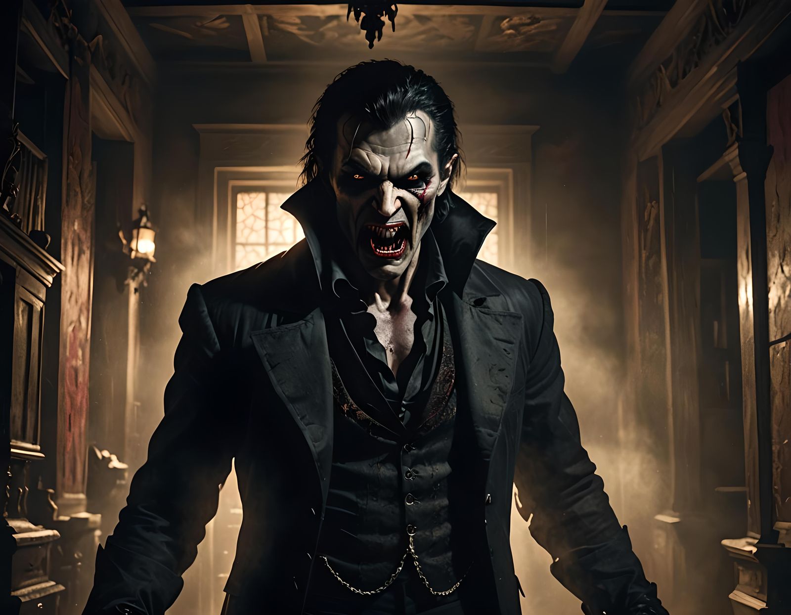 Menacing Vampire in Dimly Lit House with Candle