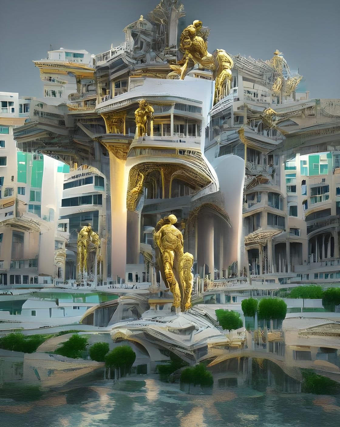 Gilded Sci-Fi Monument with Marble Statues