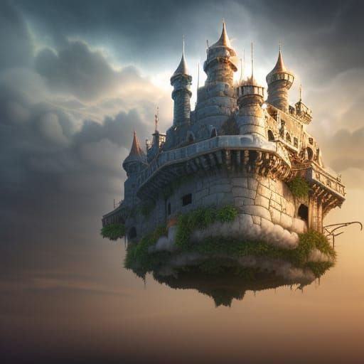 Floating Castle in Clouds, Hyperdetailed Digital Art