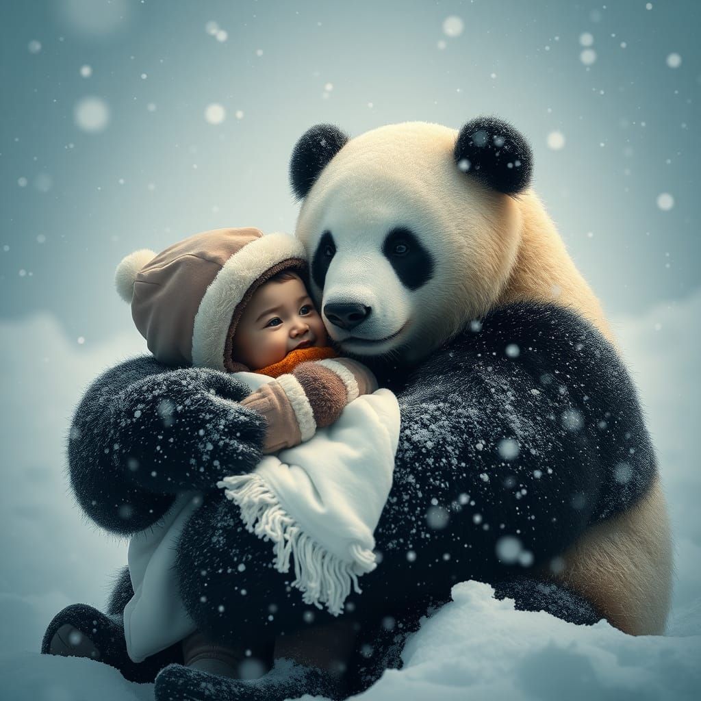 Baby and Panda Embrace in Arctic Blizzard