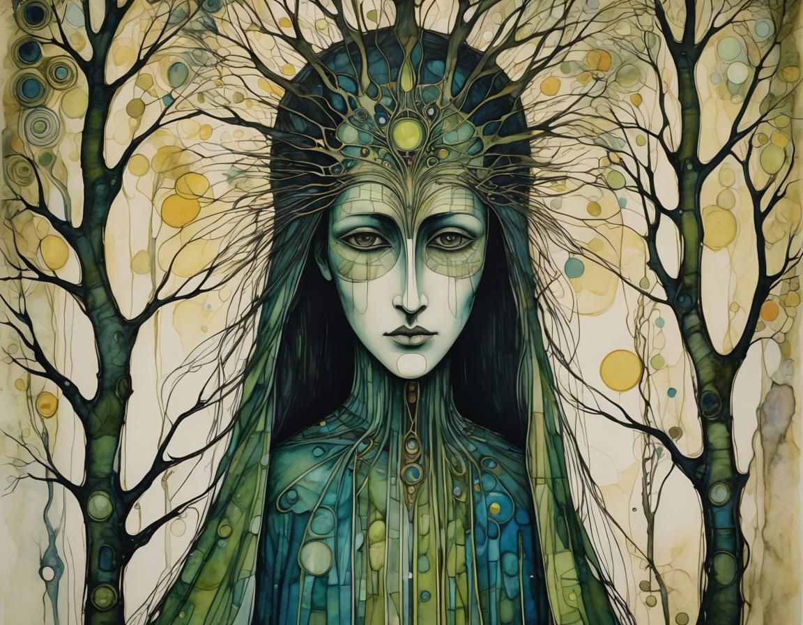 Surreal Tree Village with Masked Figure