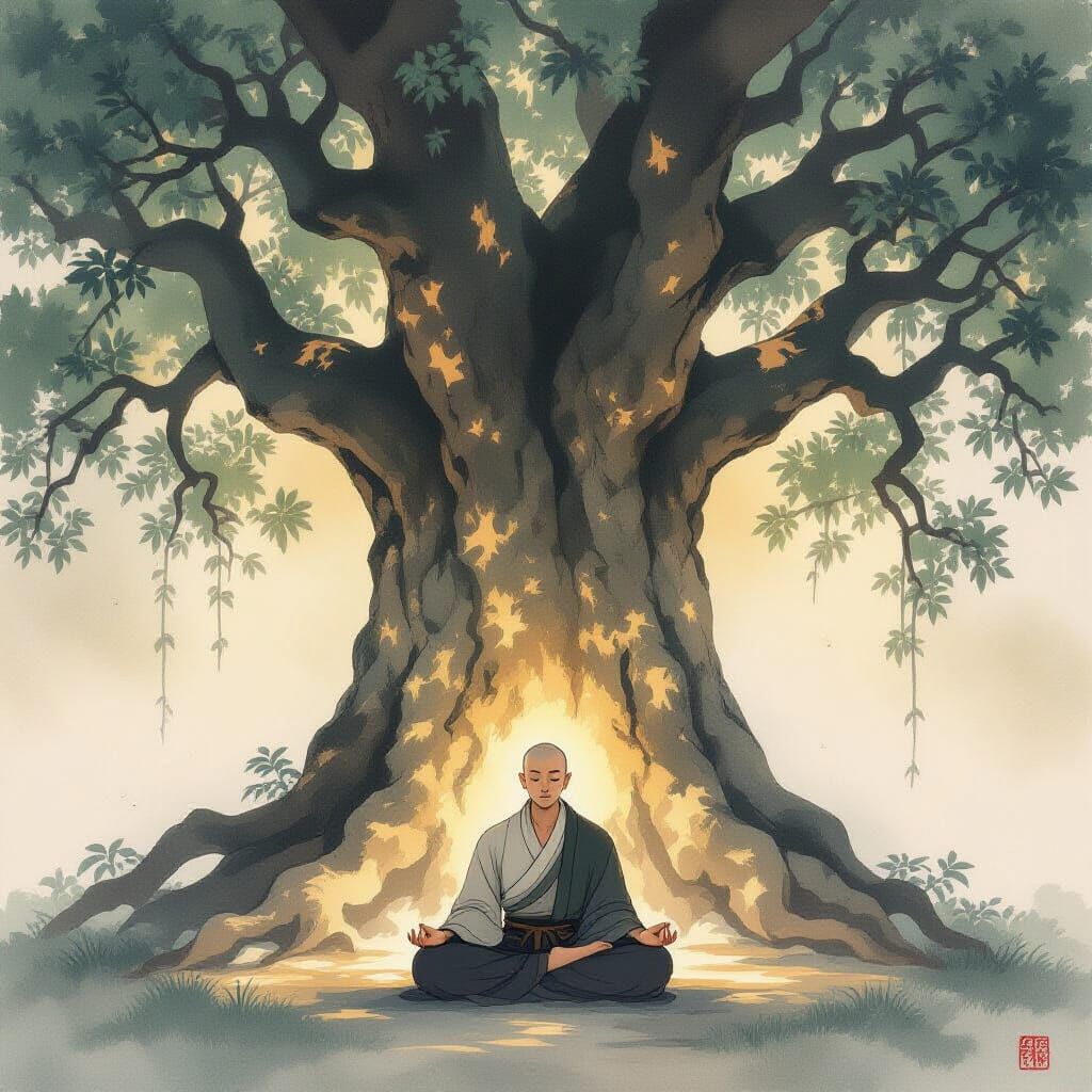 Serene Monk Meditating Under Ancient Tree in Ink Wash Style