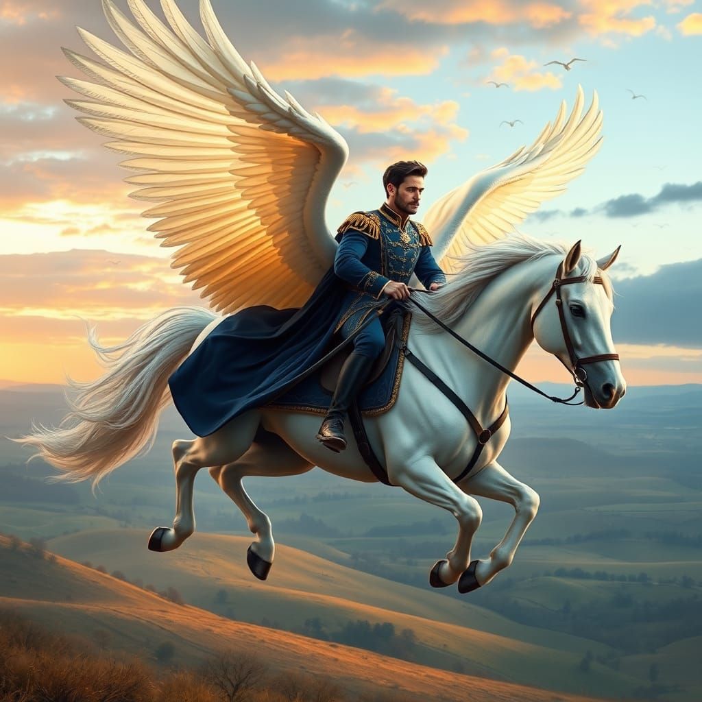 Majestic Winged Horseman Soaring at Twilight