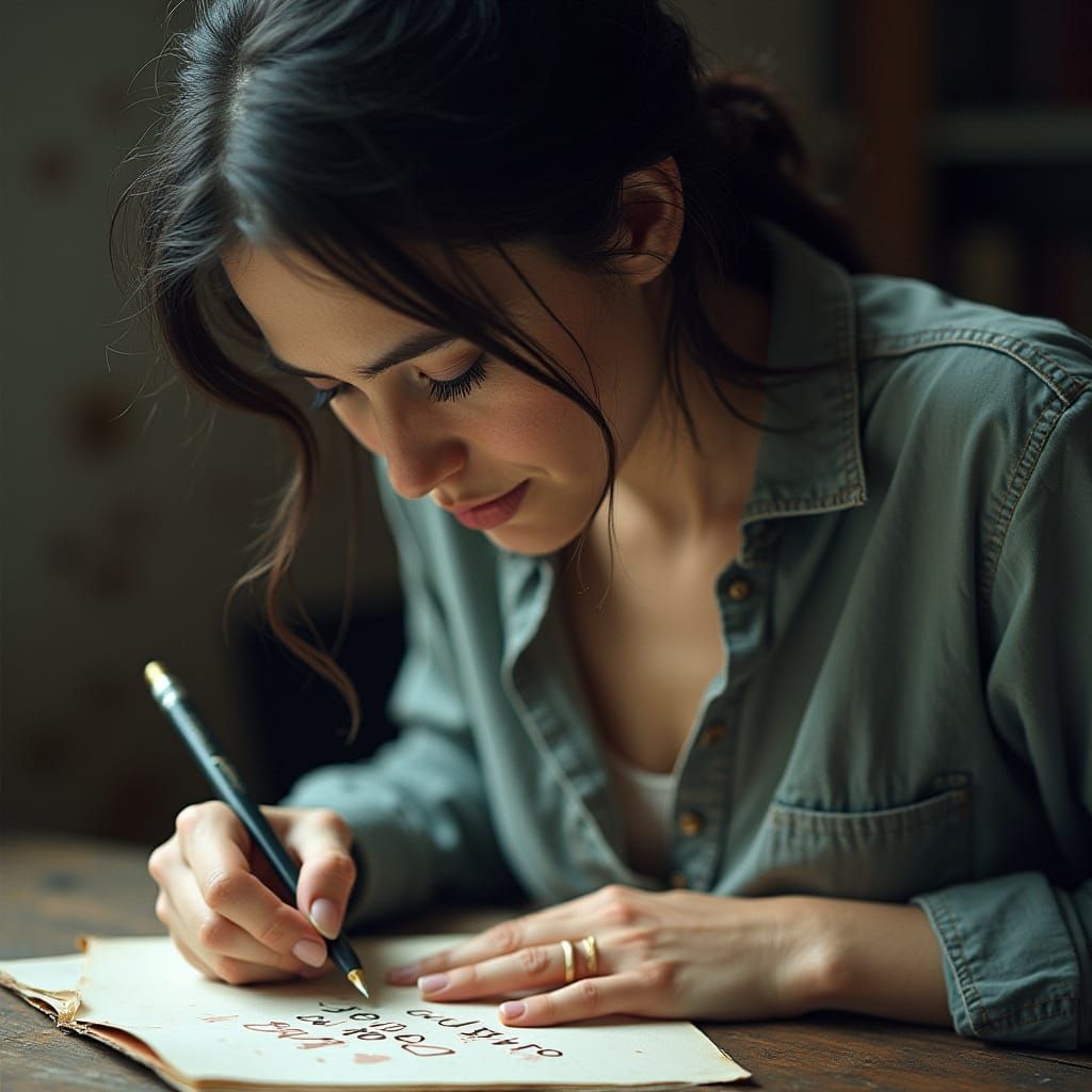 Woman Writes Angrily in Notebook, Expressionist Style